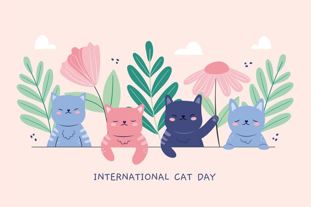 Fondo plano del día internacional del gato con gatos y hojas