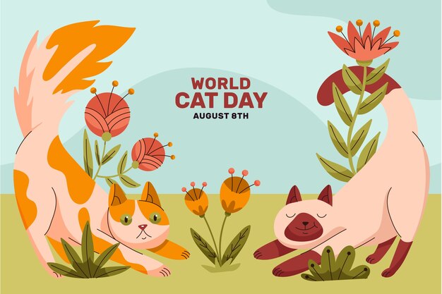 Fondo plano del día internacional del gato con gatos y vegetación
