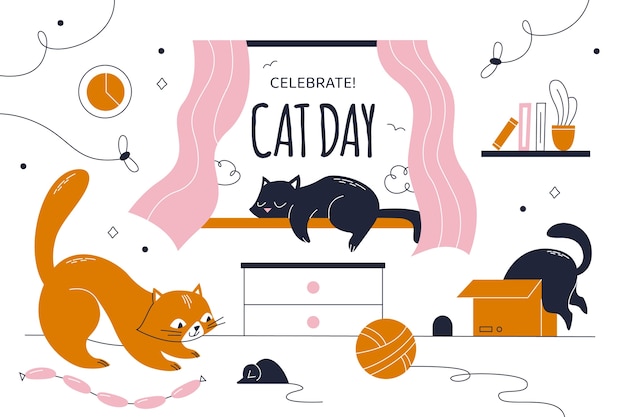 Fondo plano del día internacional del gato con gatos