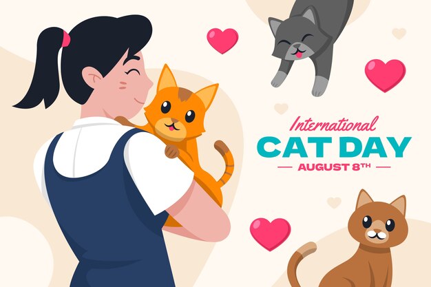 Fondo plano del día internacional del gato con mujer y gatos