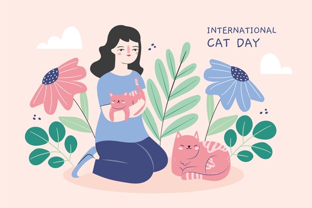 Fondo plano del día internacional del gato con mujer y gatos