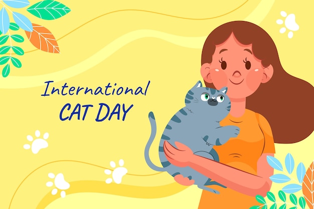 Vector gratuito fondo plano del día internacional del gato con mujer sosteniendo gato