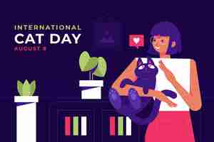 Vector gratuito fondo plano del día internacional del gato con mujer sosteniendo gato