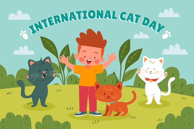 Vector gratuito fondo plano del día internacional del gato con niño y gatos