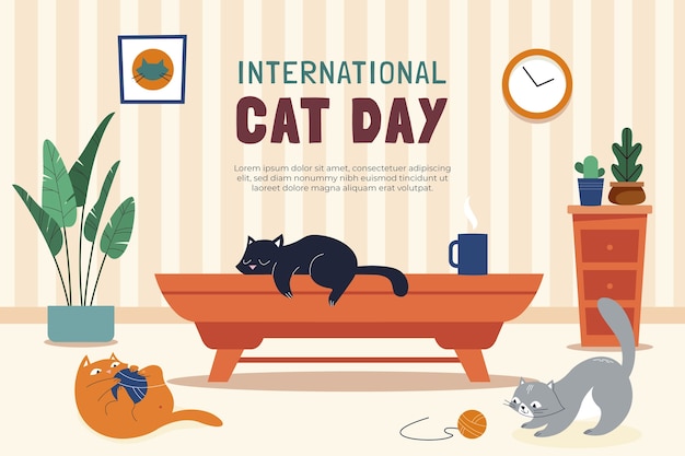 Vector gratuito fondo plano del día internacional del gato