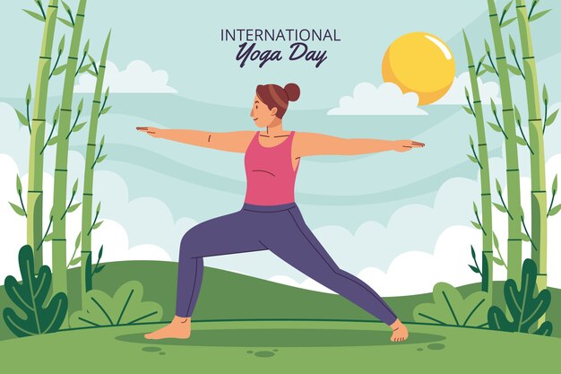 Vector gratuito fondo plano del día internacional del yoga con persona haciendo yoga