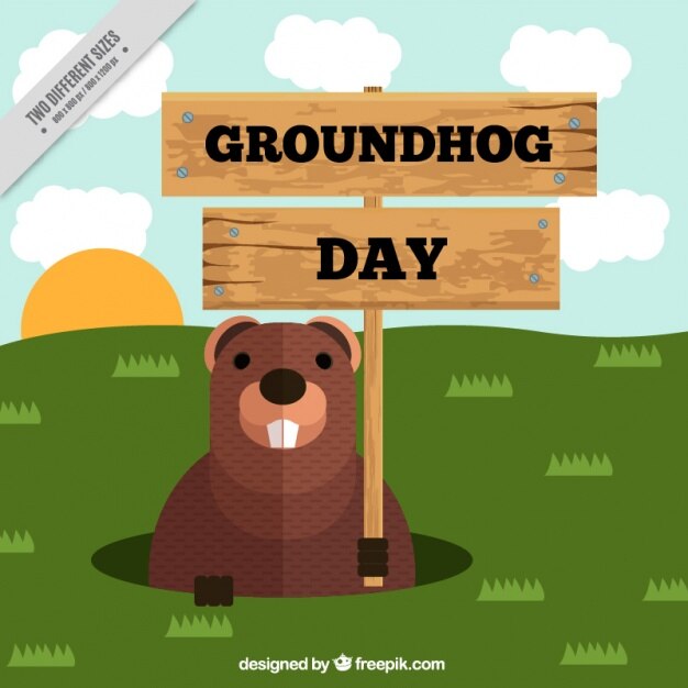 Fondo plano del día de la marmota con letrero de madera