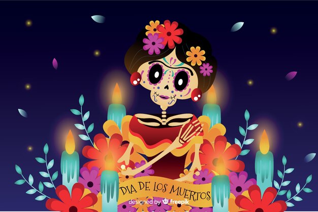 Fondo plano día de muertos y mujer esqueleto