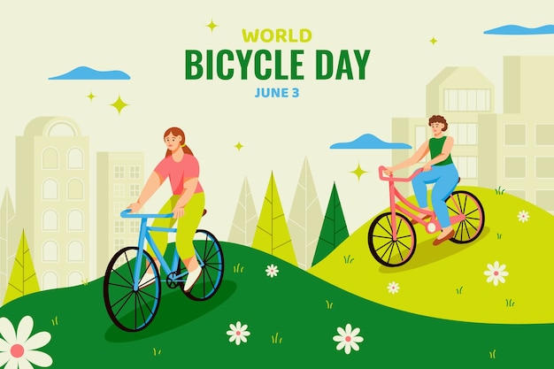 Fondo plano del día mundial de la bicicleta con gente montando en bicicleta