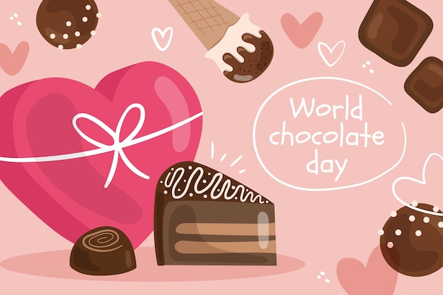 Vector gratuito fondo plano del día mundial del chocolate con dulces de chocolate