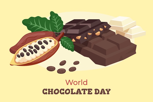 Fondo plano del día mundial del chocolate con grano de cacao