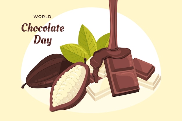 Vector gratuito fondo plano del día mundial del chocolate con grano de cacao