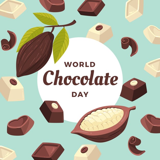 Fondo plano del día mundial del chocolate con grano de cacao