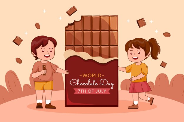 Fondo plano del día mundial del chocolate con niños y barra de chocolate