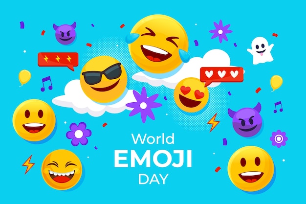 Vector gratuito fondo plano del día mundial del emoji con emoticonos