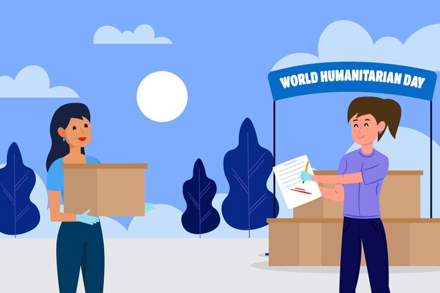 Vector gratuito fondo plano del día mundial humanitario con personas recibiendo caja