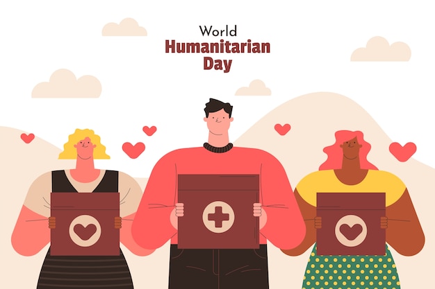 Fondo plano del día mundial humanitario con personas sosteniendo cajas