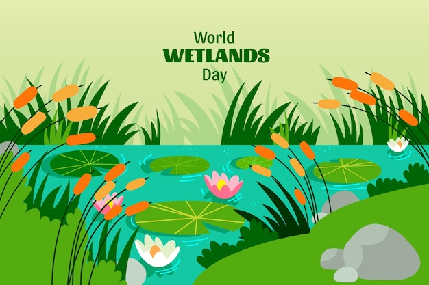 Vector gratuito fondo plano para el día mundial de los humedales con flora y fauna