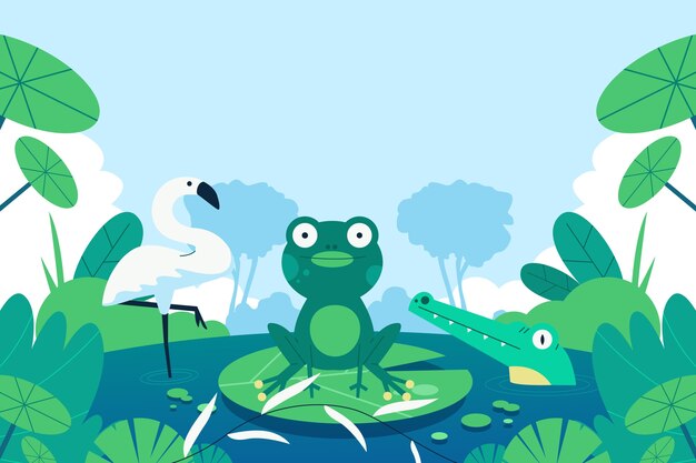 Fondo plano del día mundial de los humedales con flores y fauna