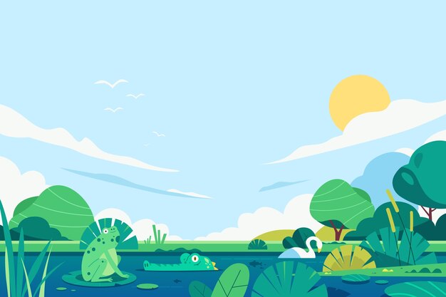 Fondo plano del día mundial de los humedales con flores y fauna