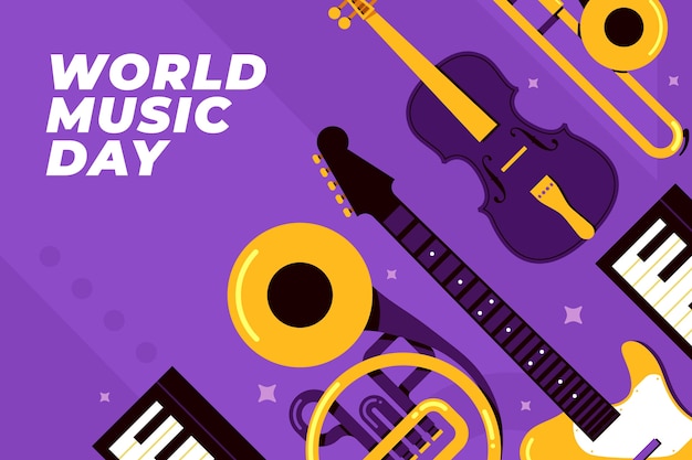 Vector gratuito fondo plano del día mundial de la música con instrumentos musicales