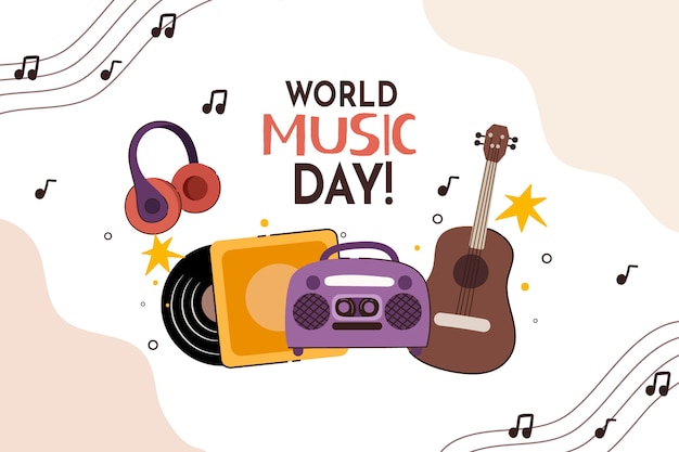 Vector gratuito fondo plano del día mundial de la música con radio y guitarra