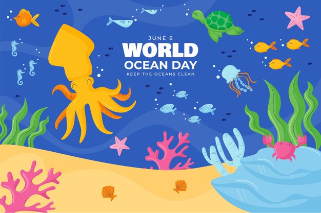 Fondo plano para el día mundial de los océanos con criaturas acuáticas