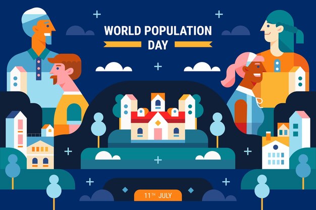 Vector gratuito fondo plano del día mundial de la población con personas y edificios