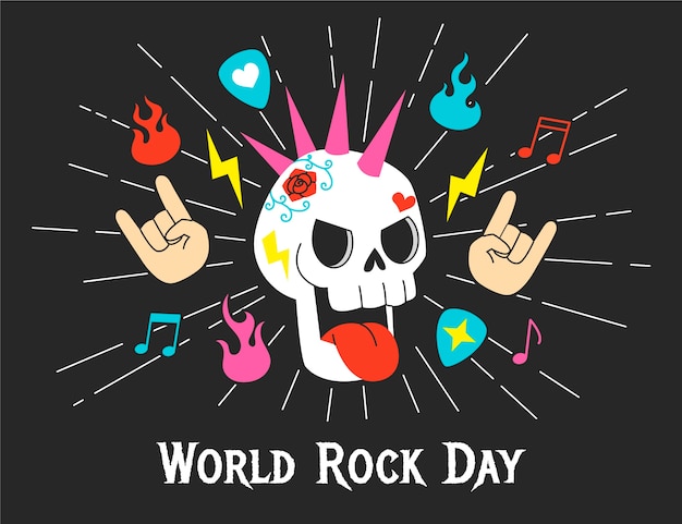 Vector gratuito fondo plano del día mundial del rock con calavera