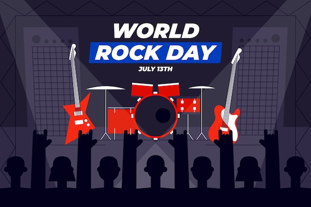 Vector gratuito fondo plano del día mundial del rock con concierto de rock