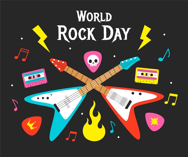 Fondo plano del día mundial del rock con guitarras y casetes