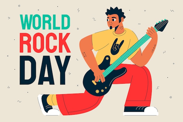 Vector gratuito fondo plano del día mundial del rock con hombre tocando la guitarra