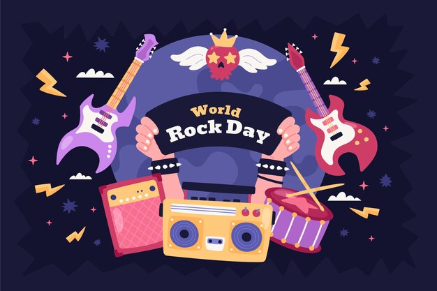 Fondo plano del día mundial del rock con instrumentos musicales