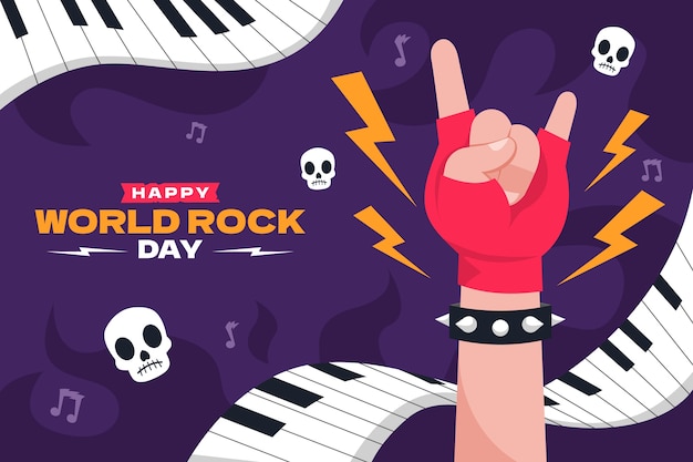 Fondo plano del día mundial del rock con la mano mostrando el signo del rock