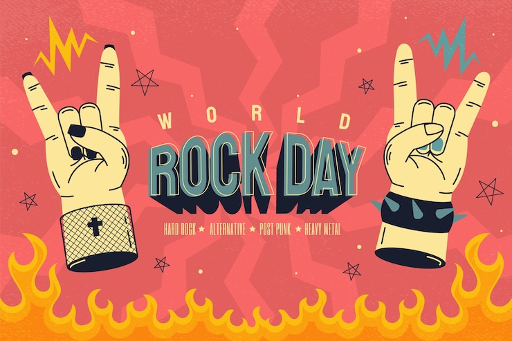 Vector gratuito fondo plano del día mundial del rock con manos mostrando signos de rock and roll