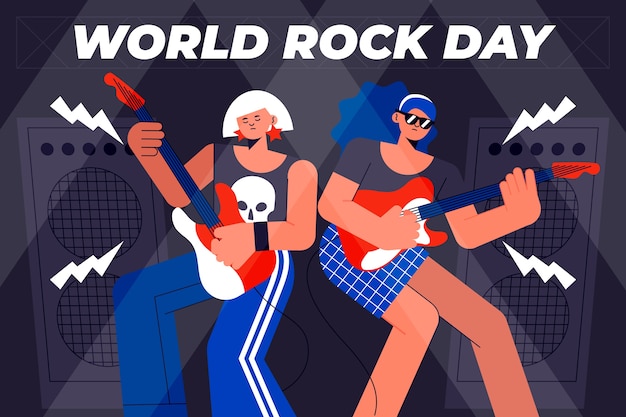 Vector gratuito fondo plano del día mundial del rock con músicos tocando guitarras