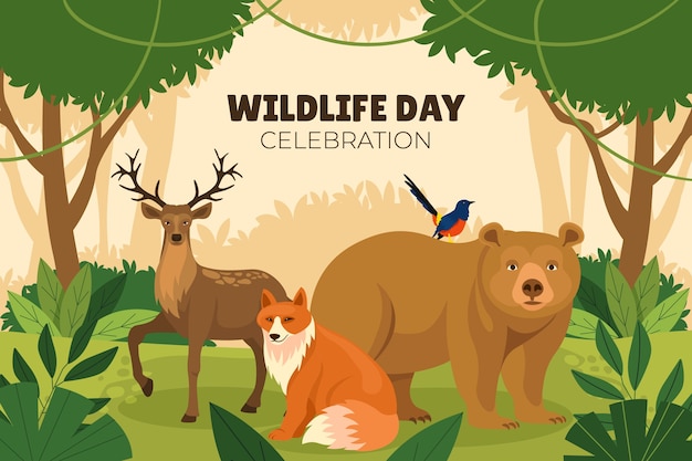 Vector gratuito fondo plano del día mundial de la vida silvestre con animales