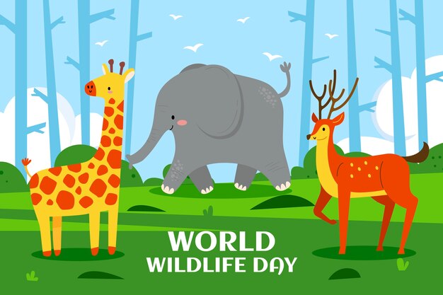 Fondo plano para el día mundial de la vida silvestre con flora y fauna