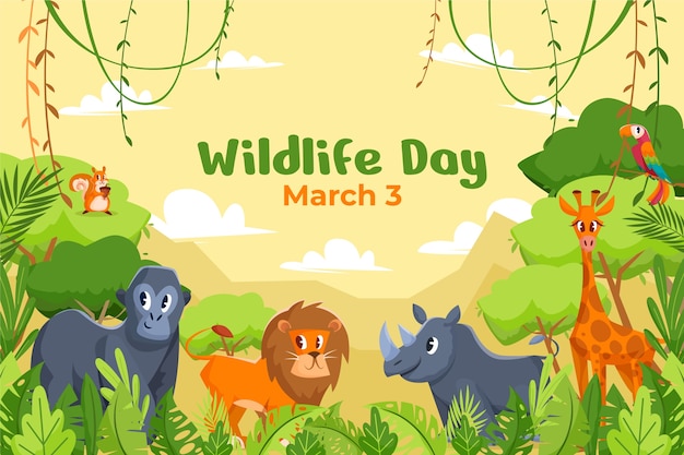 Vector gratuito fondo plano para el día mundial de la vida silvestre con flora y fauna