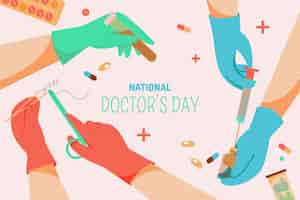 Vector gratuito fondo plano del día nacional del médico con manos en guantes