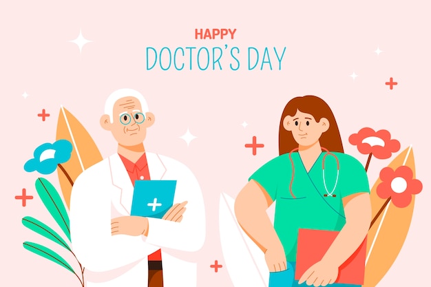 Vector gratuito fondo plano del día nacional del médico con médico y enfermera