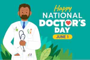 Vector gratuito fondo plano del día nacional del médico con médico masculino