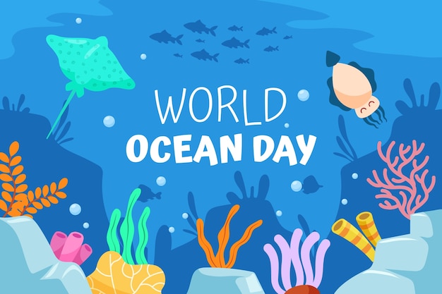 Fondo plano dibujado a mano del día mundial de los océanos