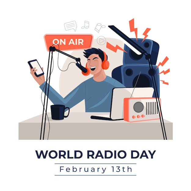 Vector gratuito fondo plano dibujado a mano día mundial de la radio con hombre