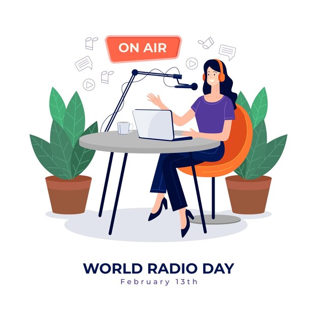 Fondo plano dibujado a mano día mundial de la radio con mujer