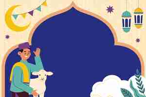 Vector gratuito fondo plano de eid al-adha con hombre saludando y ovejas
