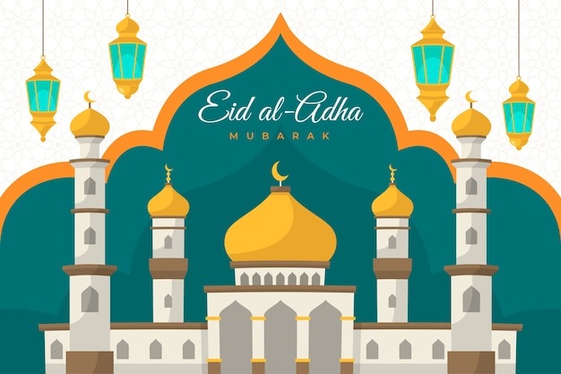 Fondo plano de eid al-adha con palacio y linternas