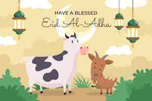 Vector gratuito fondo plano de eid al-adha con vaca y cabra