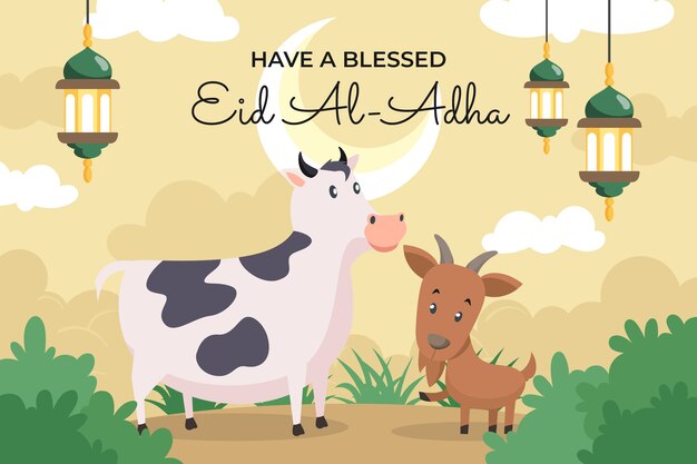 Fondo plano de eid al-adha con vaca y cabra