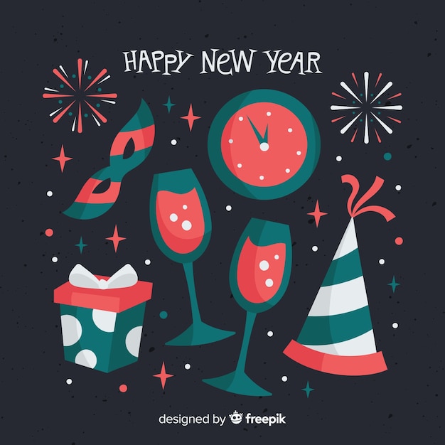 Fondo plano elementos fiesta año nuevo